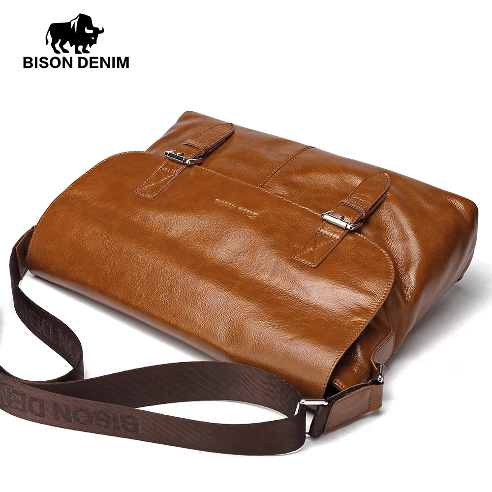 BISON DENIM Men's Shoulder Bag Genuine Leather Men Casual Cowskin Bag