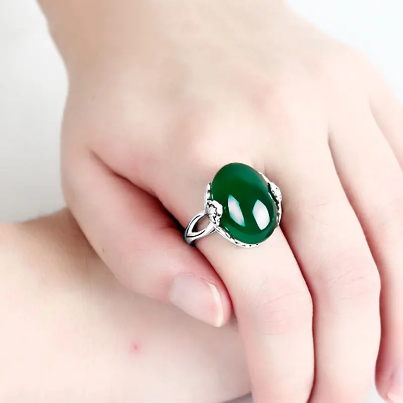 FNJ, зеленое халцедоновое кольцо, 925 пробы, серебро, анилло, камень, синтетический красный корунд, S925, тайское серебро, кольца для женщин