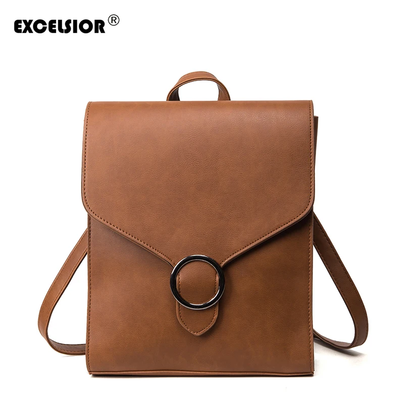 

EXCELSIOR Quality PU Vintage School Bags Anti-thief Female Backpack Circle Decorated Solid Girls' School Bags Good Shaped Bag