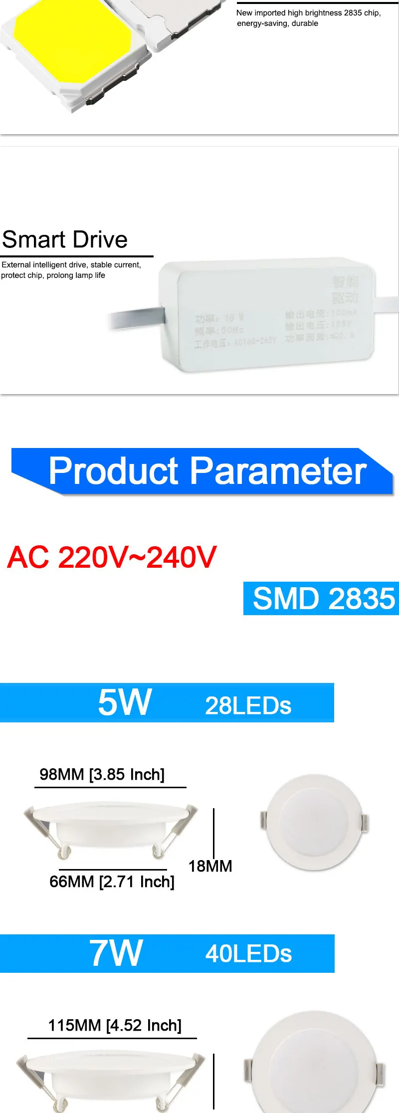 Ultra thin LED Downlight AC 220V 240V 3W 5W 7W 12W 18W 2835SMD Down Light LED round panel light for Living Room Foyer Ceiling