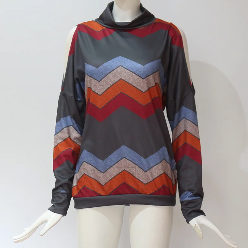 Женские свитера, пуловеры, весна-осень, длинный рукав, Pull Femme, высокая горловина, с принтом, с открытыми плечами, вязанный Топ B, повседневный вязаный свитер