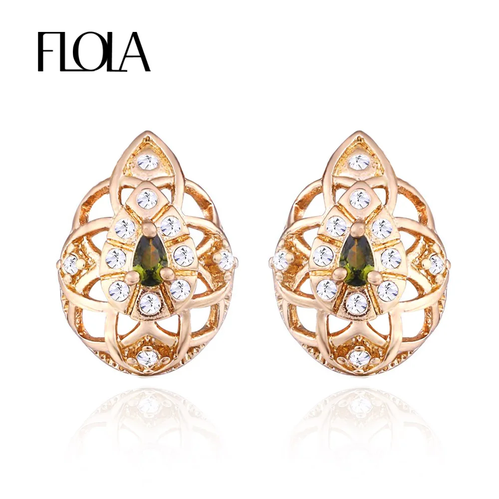 

FLOLA New Arrival Big Water Drop Crystal Stud Earrings Hollow Shape 585 Rose Gold Earrings for Girls Fashion Jewelry ersj87