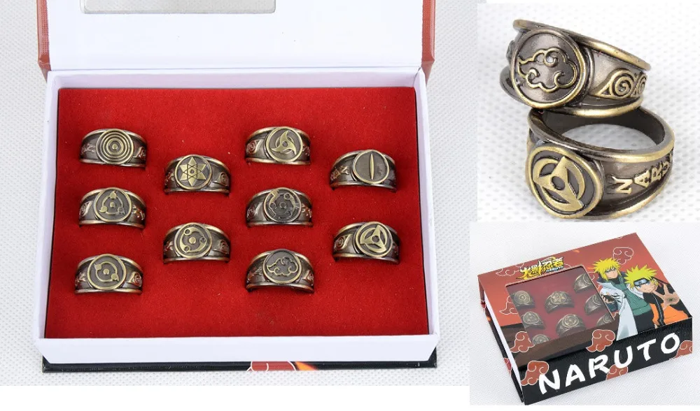 

10 pcs/set Naruto Ring Cosplay NARUTO figure Kakashi Sasuke Uchiha Akatsuki rings pendant set New in Box