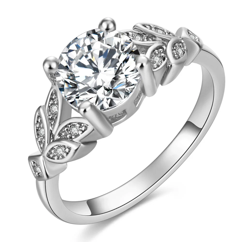 Свадебные кольца с кристаллами серебряного цвета, обручальные кольца с листом, золотого цвета, кубический циркон, модное кольцо, роскошный бренд, бижутерия для женщин, ювелирные изделия - Цвет основного камня: Silver Color