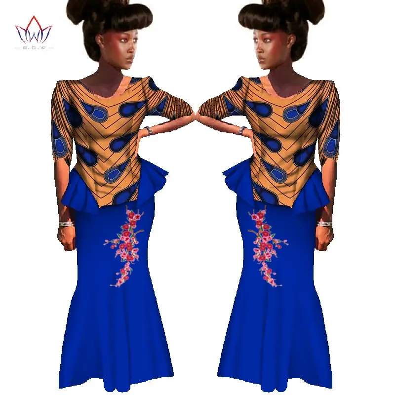 Лето 2018 2 шт. комплект с юбкой для Для женщин Мода Африканский принт воск Макси Размеры топ + юбка Femal традиционные африканские Костюмы WY360