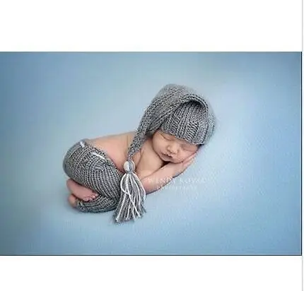 Ручной работы для новорожденных серый эльфа Эльф Hat& брюки крючком комплект из 2 предметов для новорожденных Вязание реквизит для фотосессии Размер: 0-1 м, 3-4 м