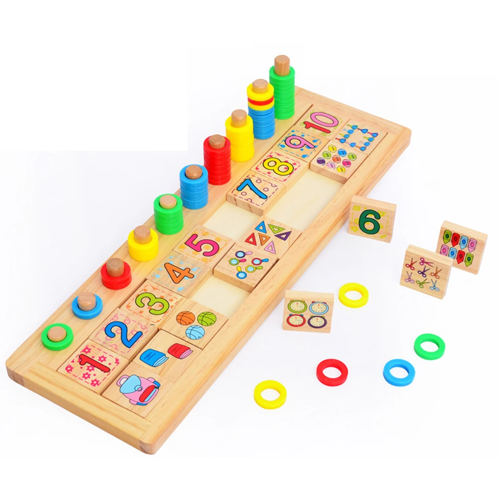 Montessori Rainbow Rings Dominos Children Preschool Teaching Aids Counting and Stacking Board Wooden Arithmetic Math Toy