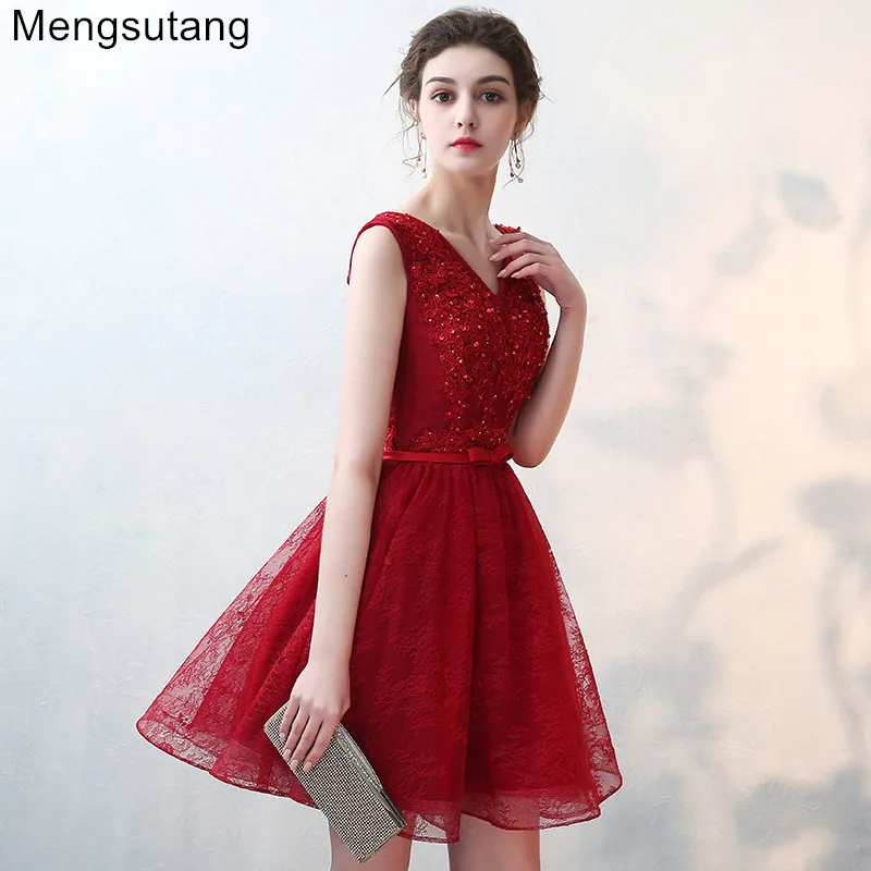 

Robe de soiree 2019 Wine red V-Neck sleeveless short evening dress vestido de festa prom dresses party dress tailor Custom made