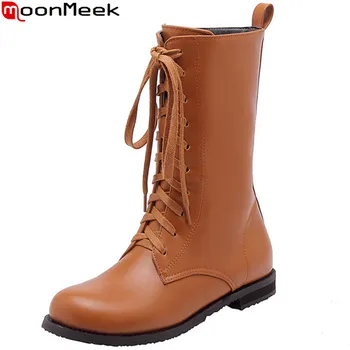

MoonMeek plus size 34-48 fashion mid calf boots women round toe lace up autumn winte boots low heels shoes ladies boots