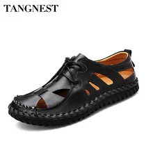 Tangnest/летние мужские повседневные пляжные сандалии из натуральной кожи; Модные дышащие Нескользящие мужские туфли без каблука на шнуровке; XML238