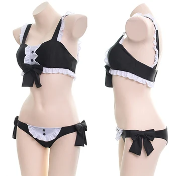 

Women Girl Fashion Black White Sexy Maid Tankini Split Two Pieces Swimwear Strappy Beach Swimsuit Sexy Bikini Set Bathing Suit