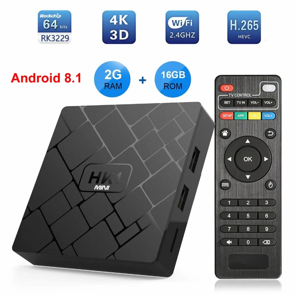 

HK1 MINI Android 8.1 Smart TV BOX Rockchip RK3229 Quad core 2GB Ram 16G Rom H.265 4K TV Sep Top Box