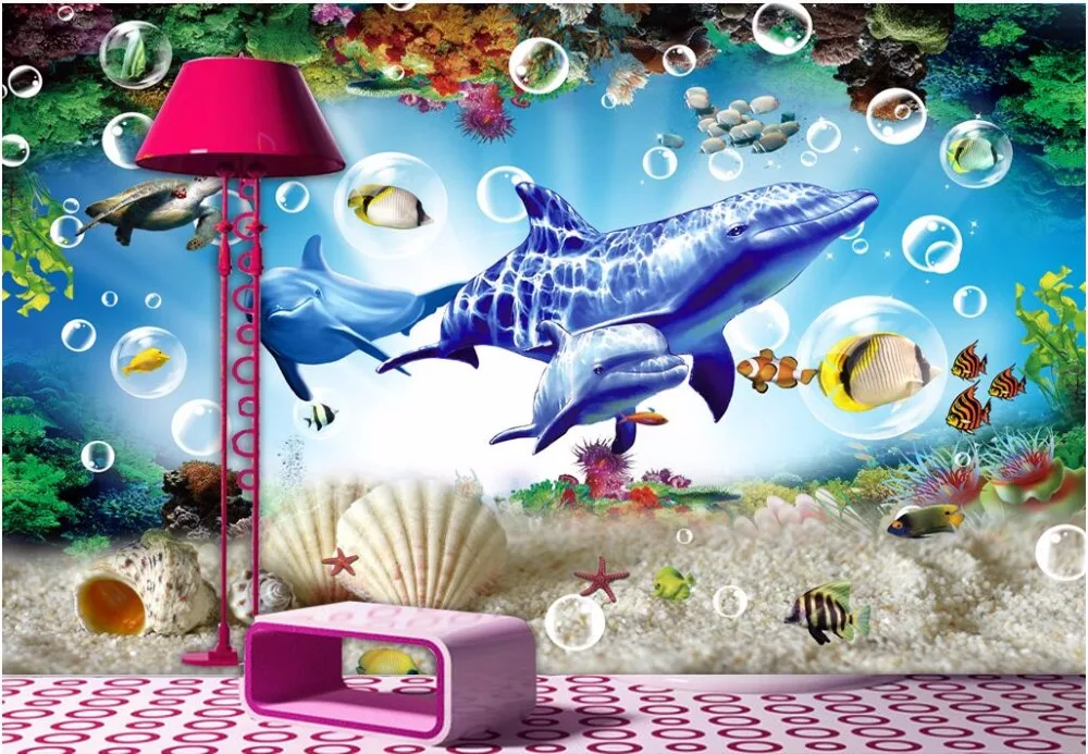 

3d wallpaper custom photo mural Sea world dolphin and whale shells room decor painting 3d wall murals wallpaper for walls 3 d