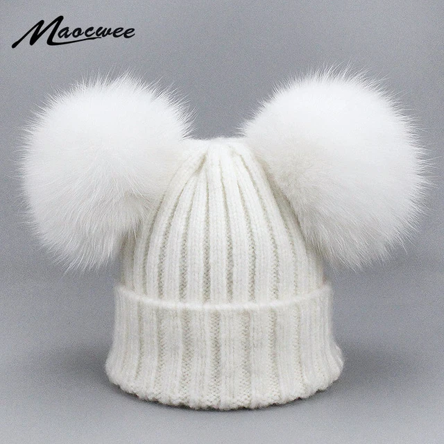 Fox Fur Pompom Beanie Mother Baby Winter Hats For Women Warm Knitted  Beanies Cap Real Fur Pompon Hat Bonnet - AliExpress