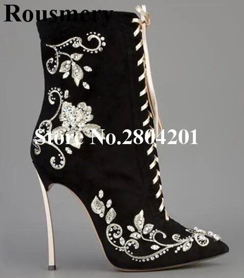 Rousmery Women Fashion Short Boots Pointed Toe High Heels Black Embroidery Flowers Crystal Lace-up Zipper Detail Ankle Boots