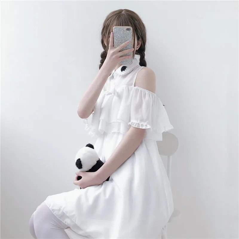 Kawaii платье женская одежда милый мультфильм Лето Turn Down воротник вышивка оборками