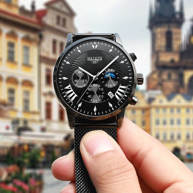 

New Men's Quartz Watches Waterproof Business Wristwatch Mesh Strap Sports Calendar Watch Men Stopwatch Chronograph HAIQIN Brand