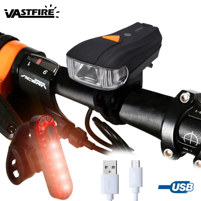 

USB Rechargeable Front Bicycle Light 4 Modes Front Handlebar Bike Lamp Cycling Flashlight with Safety USB 5 Red LED Rear Lamp