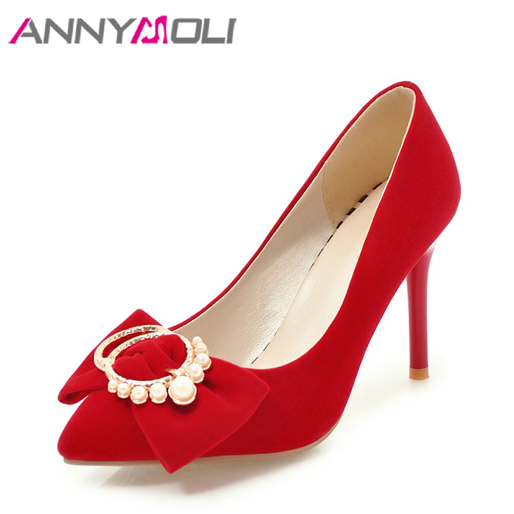 ANNYMOLI Women Pumps High Heels Ladies Party Shoes Bow Pointed Toe Stiletto Female Shoes Crystal Red Black Spring Shoes Size 43