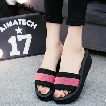 

Cresfimix women fashion red stripe 5.5cm high heel slippers lady casual comfortable soft & comfortable slippers cute slides a709
