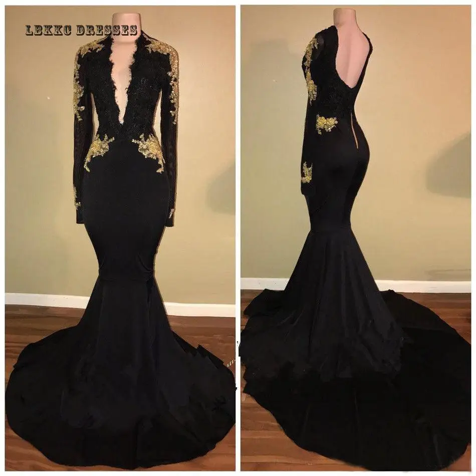 

Black V Neck Mermaid Evening Dresses Long Sleeve Gold Lace Backless Formal Party Dress long Abiye Gece Elbisesi Robe De Soiree
