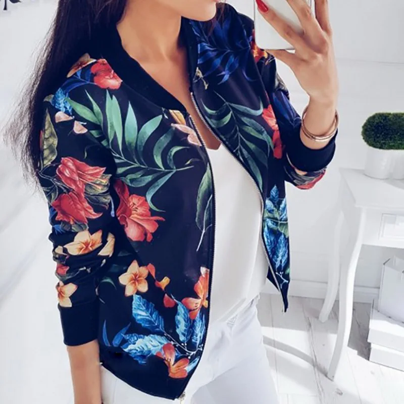 NIBESSER Jackets Women Short Jacket Vintage Floral Printed Long Sleeve Zipper  Autumn Coat Female Biker Streetwear Tops