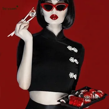 

Chinese Cheongsam Stand Collar Short Sleeve Shirts Women Streetwear Black Velvet Crop Tops with Zippers Summer Harajuku Clothes