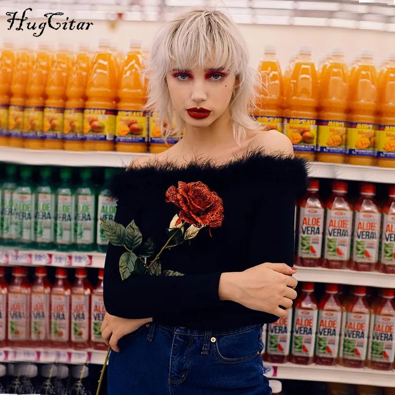 Hugcitar طويل كم القطع الرقبة الفراء خليط أسود الصلبة bodycon ارتداءها 2018 الخريف الشتاء المرأة الأزياء الجسم