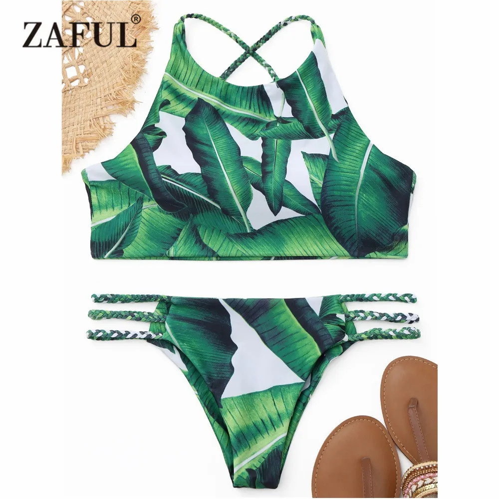  ZAFUL New Bikini Palm Leaf High Neck Braided Bikini Set Swimwear Women Swimsuit Mid Waisted High Ne