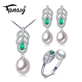 

FENASY Trendy Pearl Jewelry SetsPearl Pendant Necklace Earrings For Women fine Engagement Ring Leaves Emerald Leaf Earrings Set