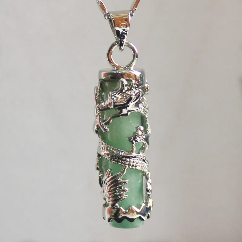 

Gros / au dtail belle chinois vent cylindre lignt vert Stones + argent plaqu Dragon pendentifs collier