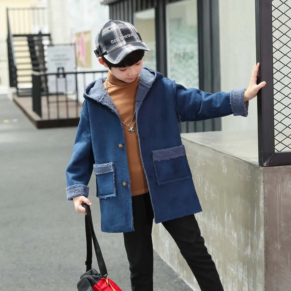 

2018 Kids Boys Winter Solid Woolen Thicker Coat 2019 New Korean Thickened Children Outerwear Strench Jacket 120-160cm