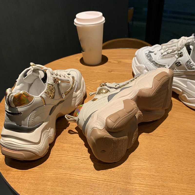 Дизайнерские блестящие кроссовки на платформе; коллекция года; повседневная обувь для папы; белые женские кроссовки; женская обувь; кроссовки; basket chaussure femme