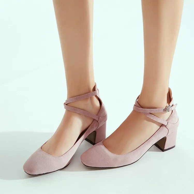 

Big Size 11 12 ladies high heels women shoes woman pumps Rough-heeled suede square-headed buckle shoes
