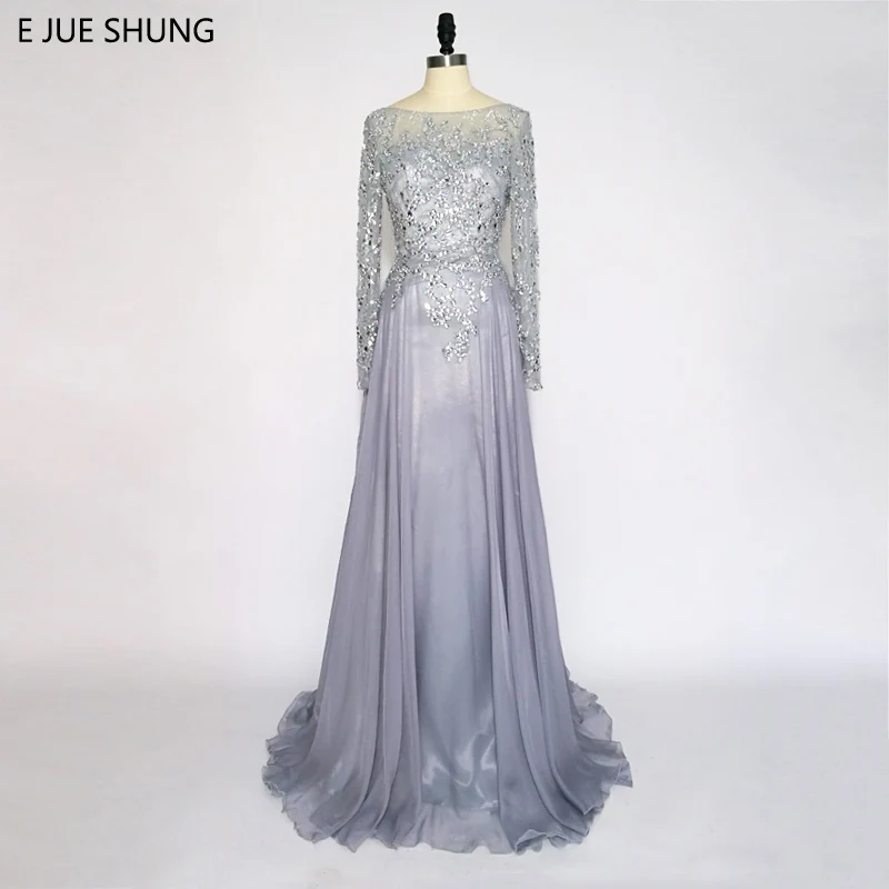 E JUE SHUNG Grey Chiffon Crystals Backless Luxury Evening Dresses Long 2018 Long Sleeves Formal Dresses robe de soiree