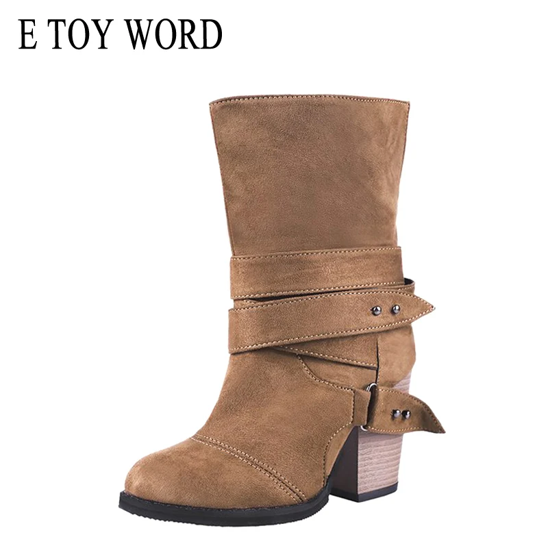 

E TOY WORD Sheepskin Fur one snow boots belt buckle Martin boots female England wind thick heel non-slip Mid-calf boots size 43