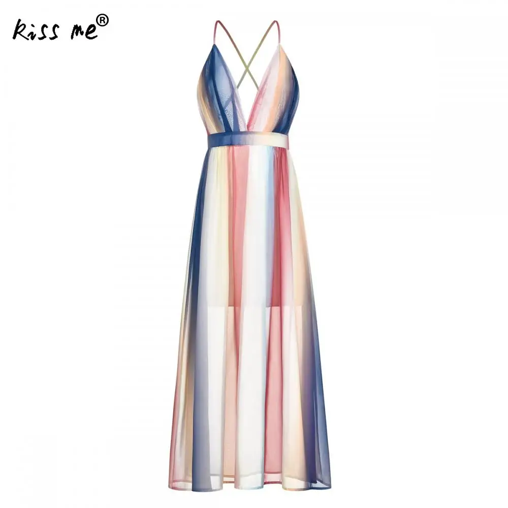 

Chiffon Long Style One-Piece Dress Deep V Maxi Dress Racerback Strap Maxi Dress Sleeveless Stripped Holiday Sun Dresses