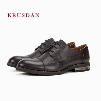 

KRUSDAN High Quality Men Genuine Leather Brogue Dress Shoes Men's Lace Up Italy Retro Business Wedding Footwear Flats For Shoes