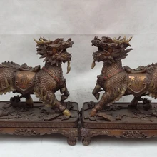 Bi003674 1" Китайский Бронзовый Буддийский 8 Благоприятный Символ Дракон Kylin Единорог Статуя Пара