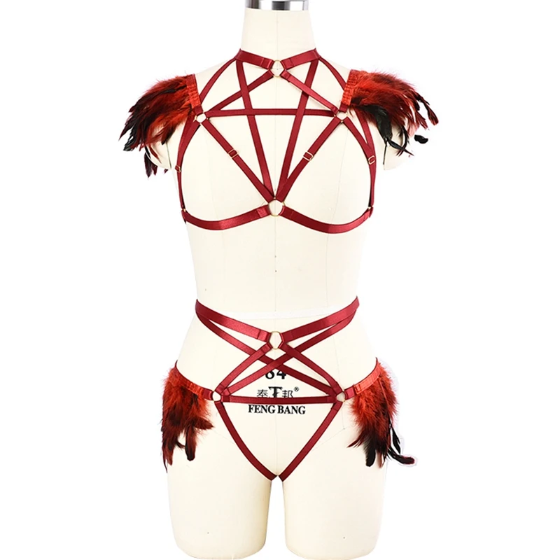 

PENTAGRAM HARNESS Very Beautiful Red Feather Epaulette Body Harness High Quality Sexy Lingerie Pastel Goth Cage Bra Body Belt