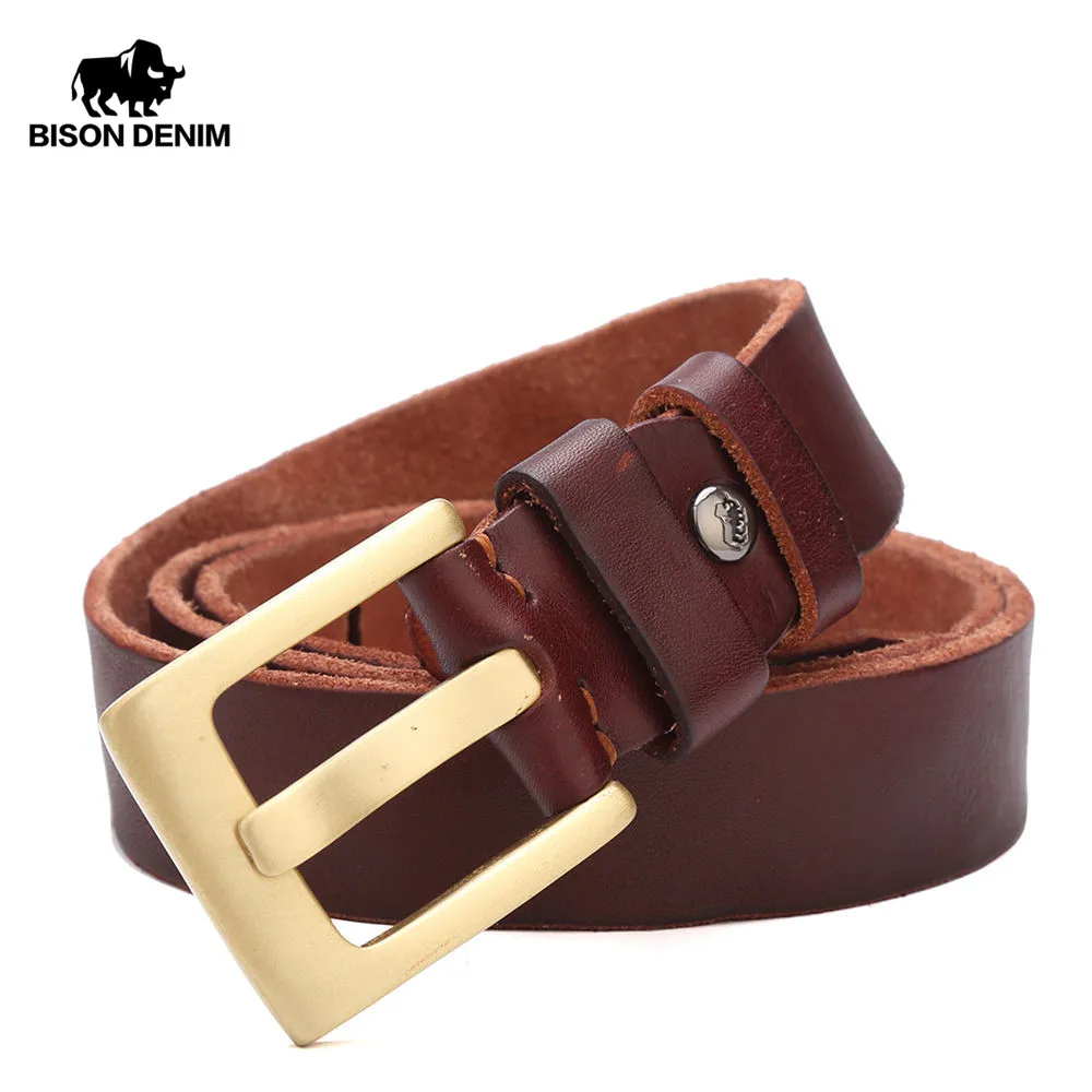 

BISON DENIM Men's Belt Genuine Leather Belt Cowhide Pin Buckle Vintage Jeans Cowskin Leather Belts For Men N71027