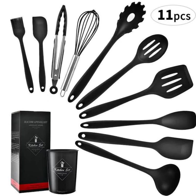 11Pcs Silicone Kitchen Cooking Utensils With Storage Bucket Spatula, Spoon, Slotted Spoon, Tongs, Basting Brush, Ladle and More 11Pcs Silicone Kitchen Cooking Utensils With Storage Bucket Spatula, Spoon, Slotted Spoon, Tongs, Basting Brush, Ladle and More