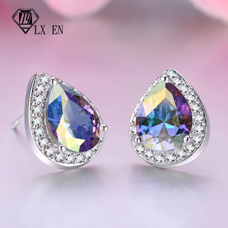

LXOEN Fashion Big Pear Multicolor Cubic Zircon Stud Earrings with Tiny Crystal Exquisite Sliver Studs Earings Bridal Wedding