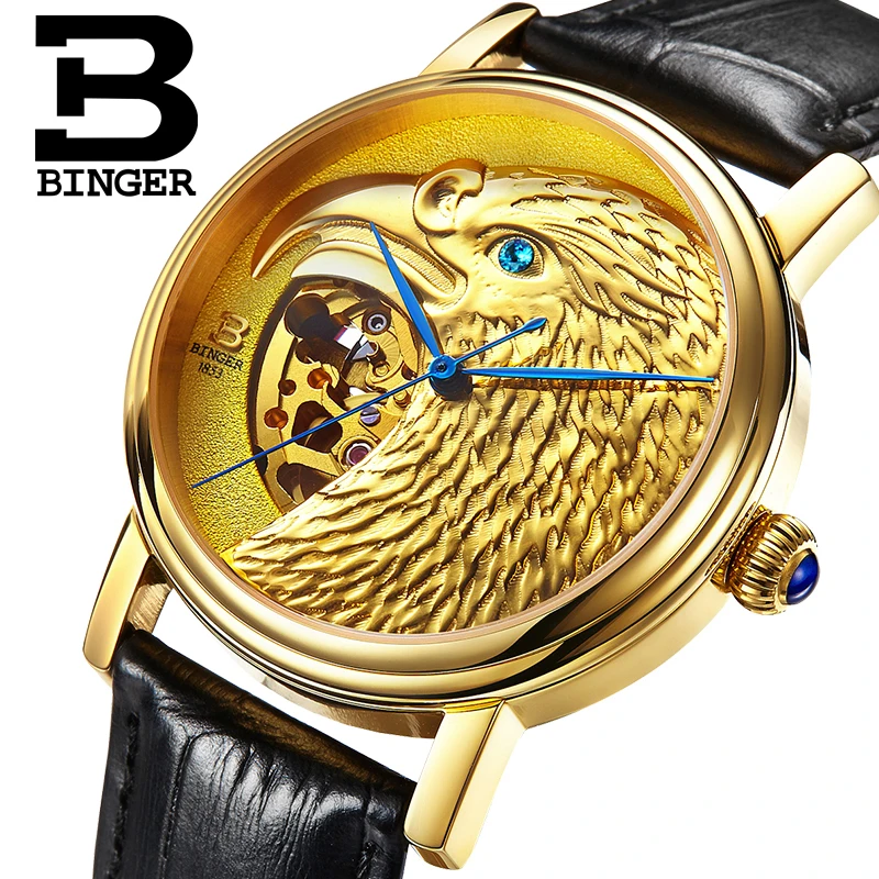 Switzerland BINGER watches men Japan 8N24 Automatic Movemt hawk sapphire genuine leather strap Mechanical Wristwatches B8888-3