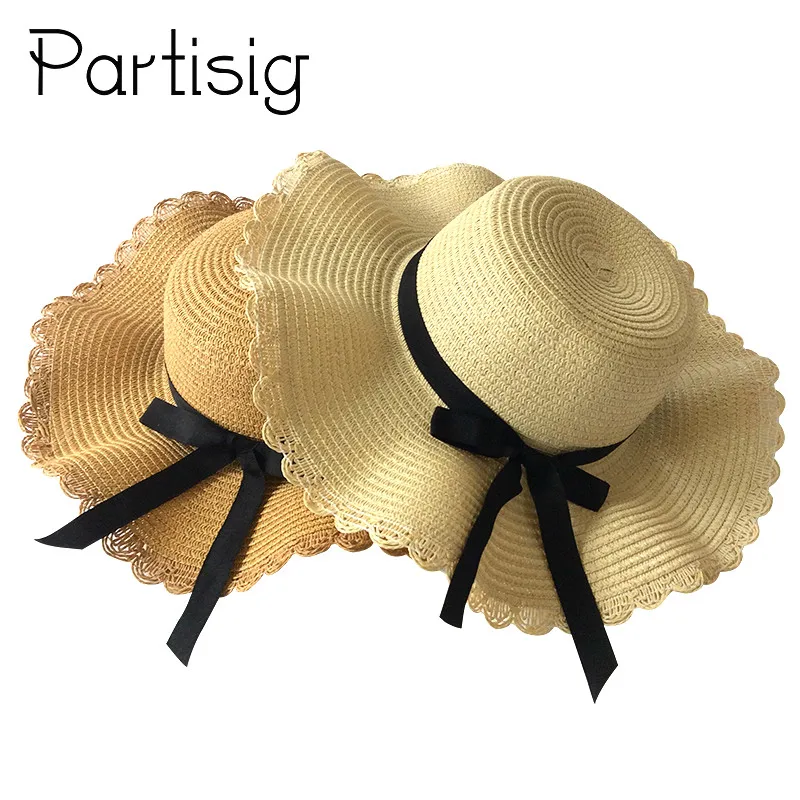 

Girls Summer Hat Black Ribbon Wave Straw Hat For Children And Women Panama Sun Caps Mother And Baby Hats Caps