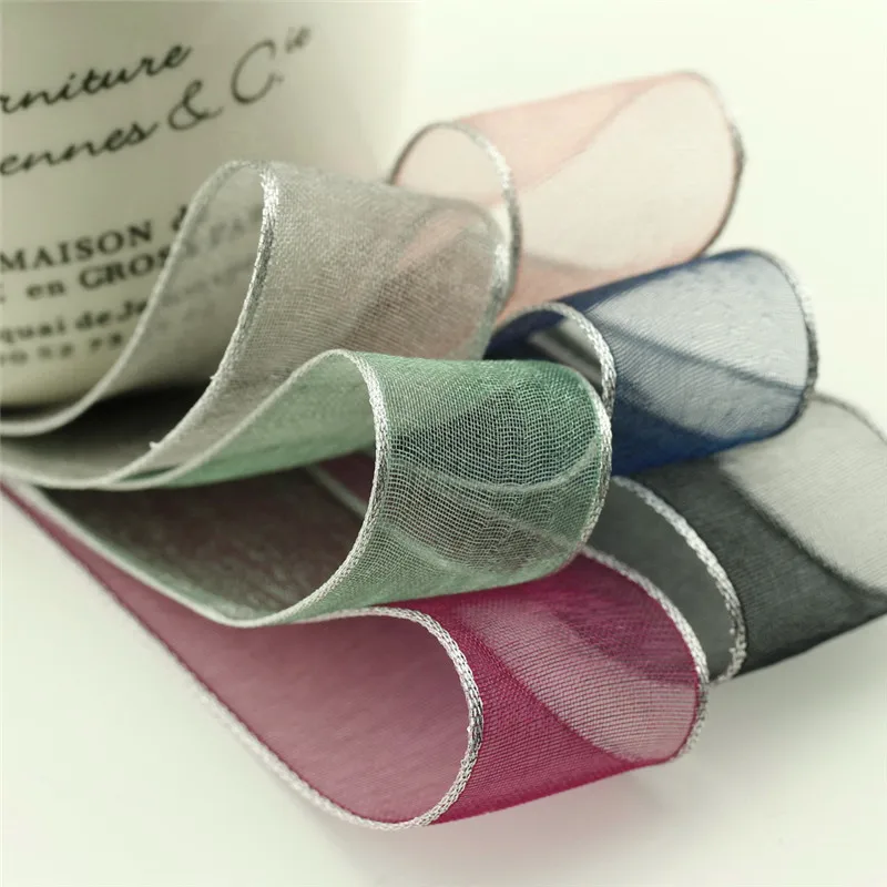 5meter/lot Silk ribbon 15|25|40mm Inlay Silver Edge Snow Belt Clothing Quality Handmade Hair Accessories Material Ribbon T-050