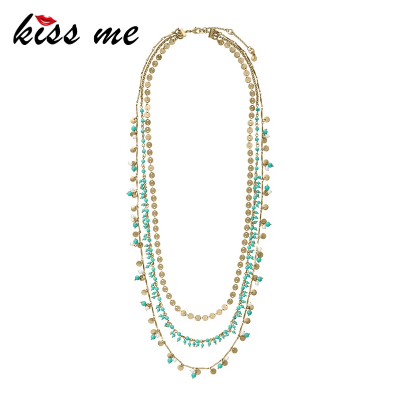 

KISS ME Fashion Multilayer Blue Beads Long Necklace for Women Convertible Vintage Necklace Accessories Ethnic Jewelry