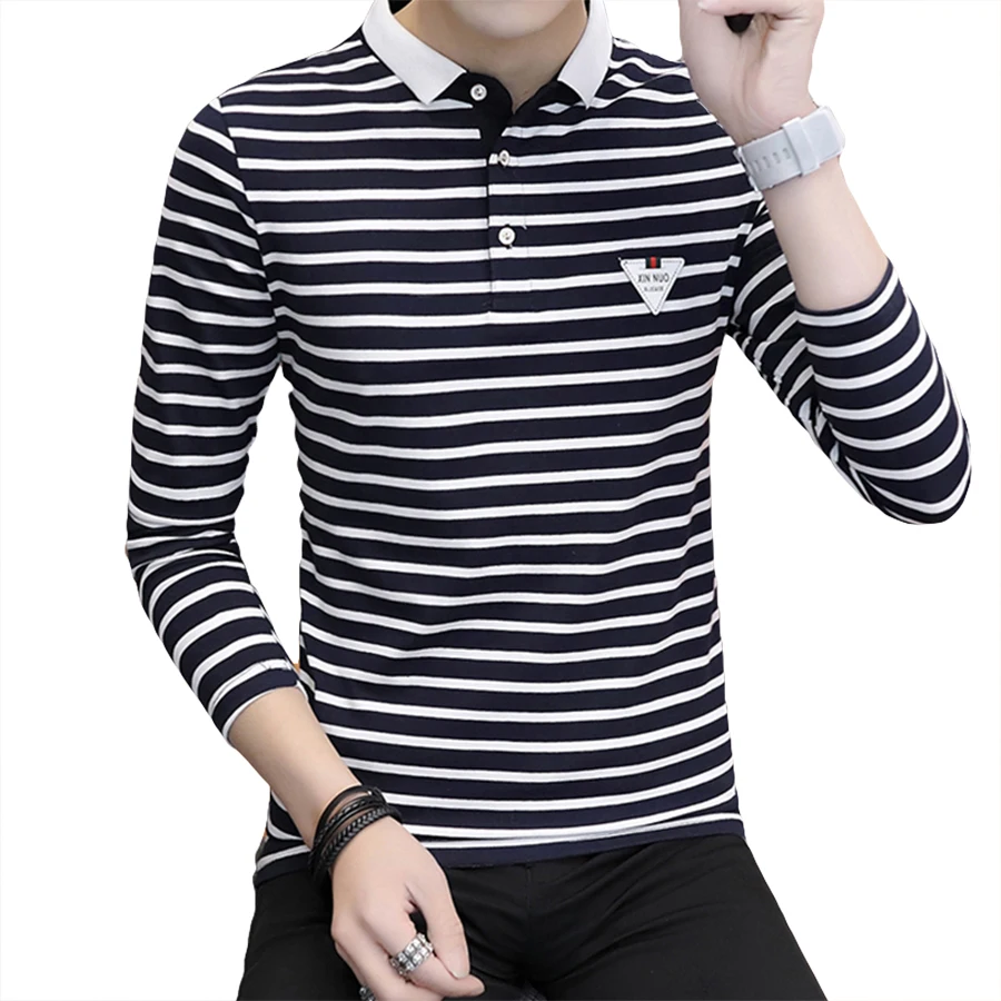 High Quality Striped Men Polo Shirt Long Sleeve Slim Fit Casual Polos