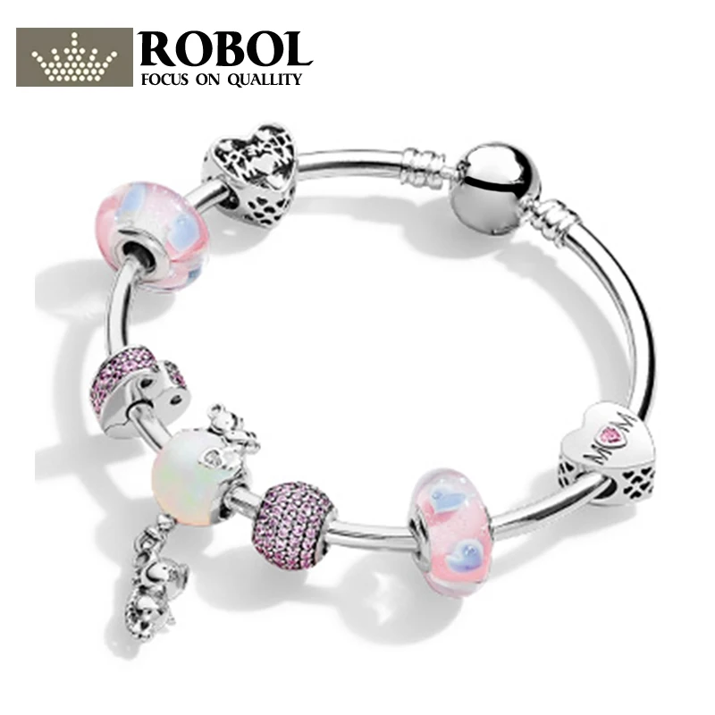 

ROBOL 100% 925 Sterling Silver Brand New 1:1 Genuine Charm Heart-Shaped Pink Bracelet Set For Mother's Day Gift