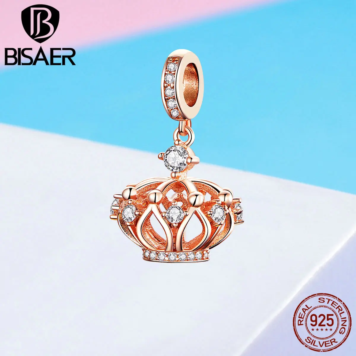 BISAER, 925 пробы, серебро, 3D, Королевская корона, Подвеска для женщин, браслет и ожерелье, розовое золото, ювелирное изделие GXC1121